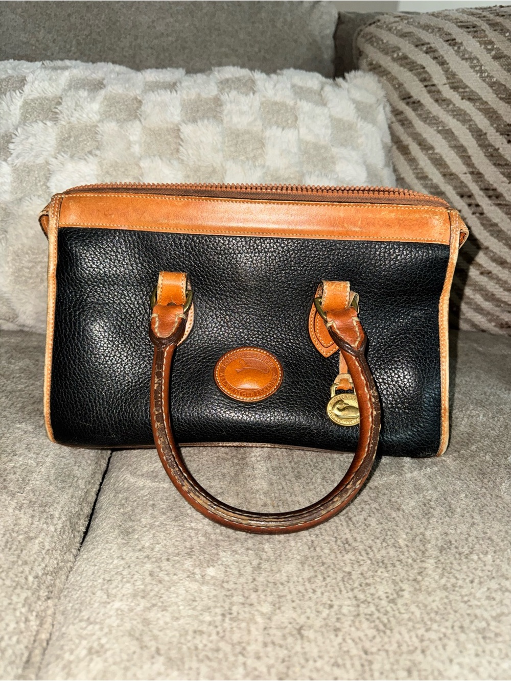 Vintage Dooney and bourke Black Pebbled Leather Satchel with Tan Trim